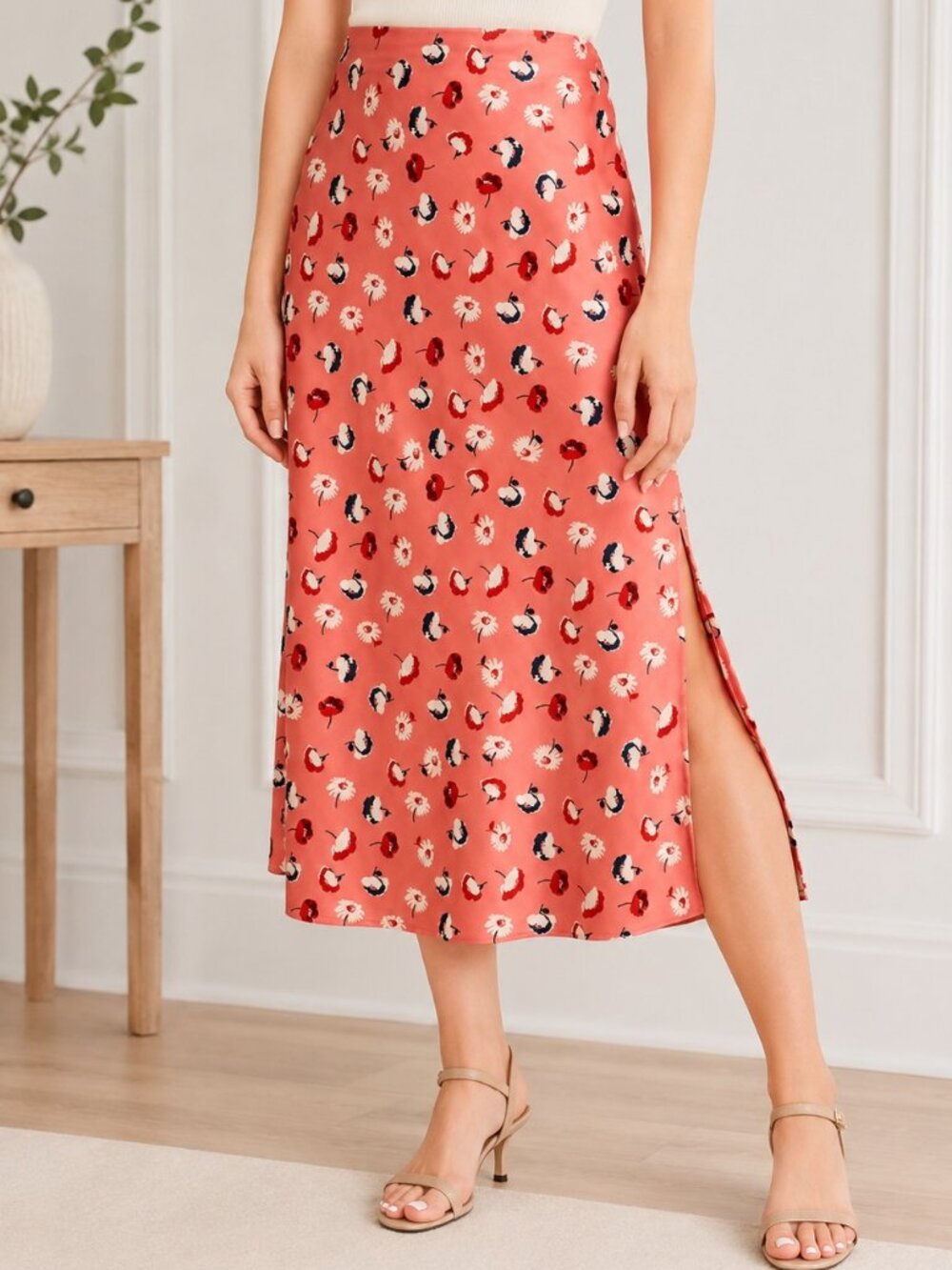 LOFT NWT Daisy Floral Satin Midi Slip Skirt M Coral Pink Side Slit Pull On Flowy